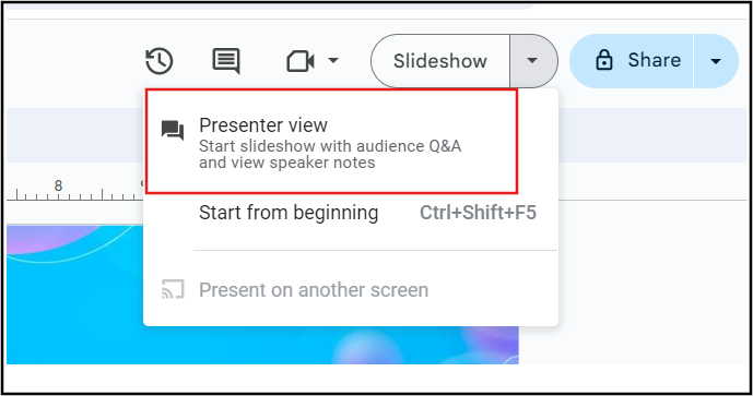 Presenter View in Google Slides is highlighted under the Slideshow option.