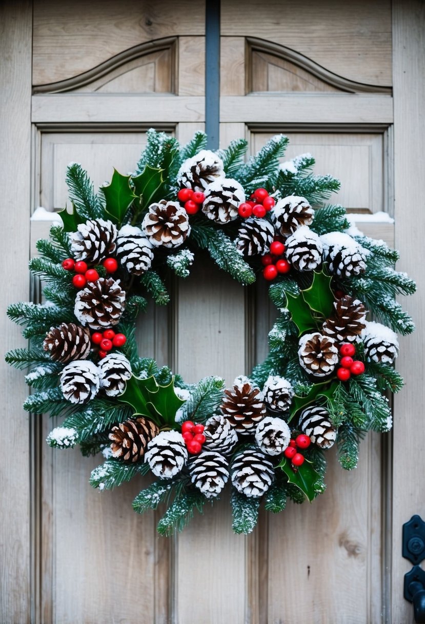 A snow-covered wreath adorned with pinecones, holly, and red berries, hanging on a rustic wooden door