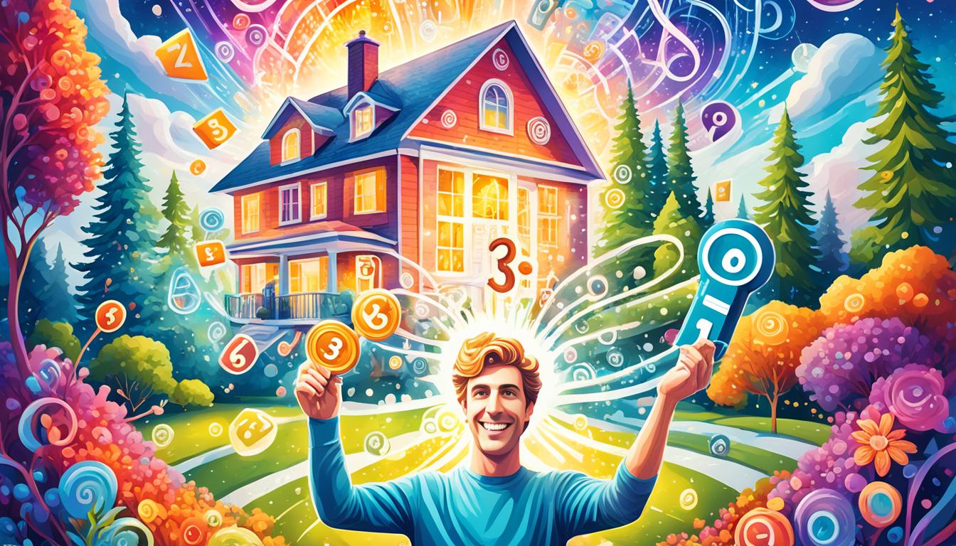 A bright and colorful image depicting a person holding a large key with the numbers 3, 6, and 9 emblazoned on it. The key is surrounded by swirling patterns of energy and sparkles, symbolizing the power of manifestation. In the background, there is a beautiful, spacious house with a yard full of trees and flowers, representing the dream home that the person is manifesting using the 369 technique. The colors are vibrant and uplifting, evoking feelings of abundance, joy, and success.