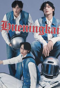 This may contain: two young men sitting on top of a motorcycle with their helmets on and the words beningkai written in large letters