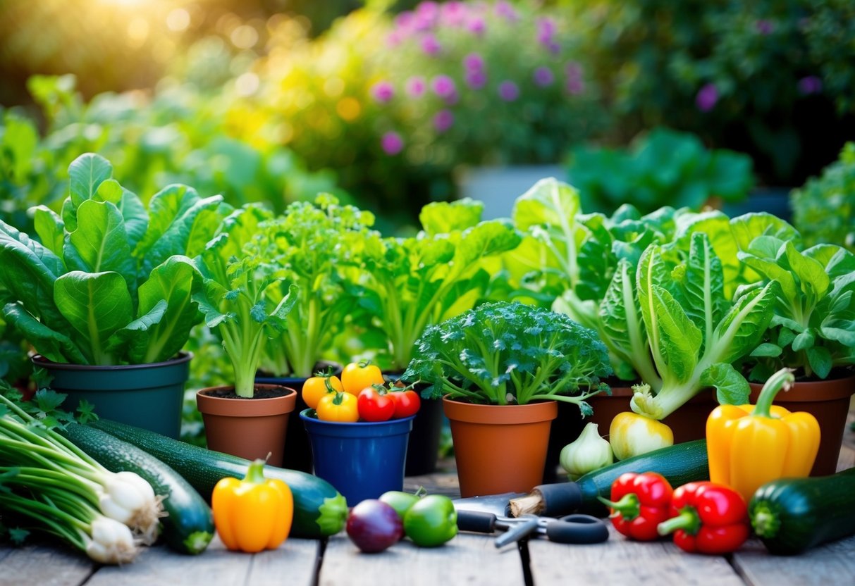 A small garden with 10 different types of vegetables in various stages of growth, surrounded by gardening tools and pots