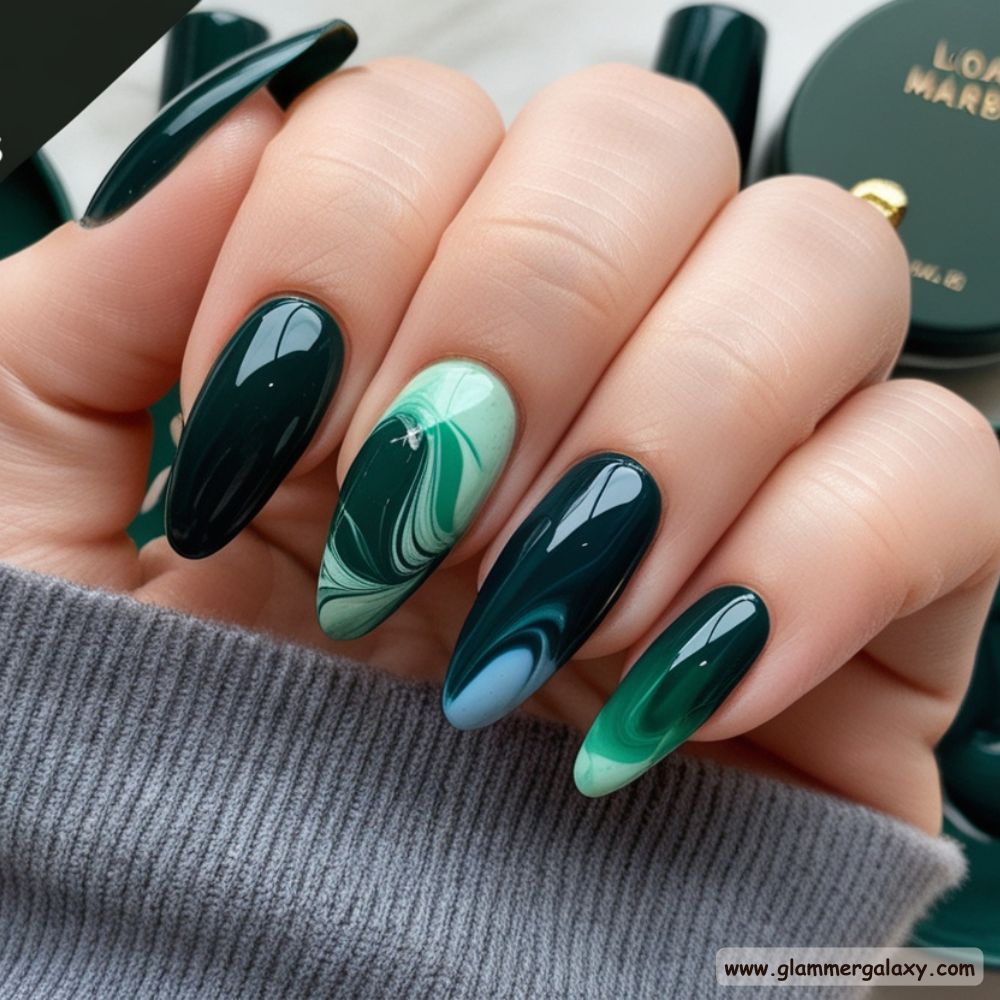 Winter and Fall Dark Green Nails having Aquatic Inspirations
