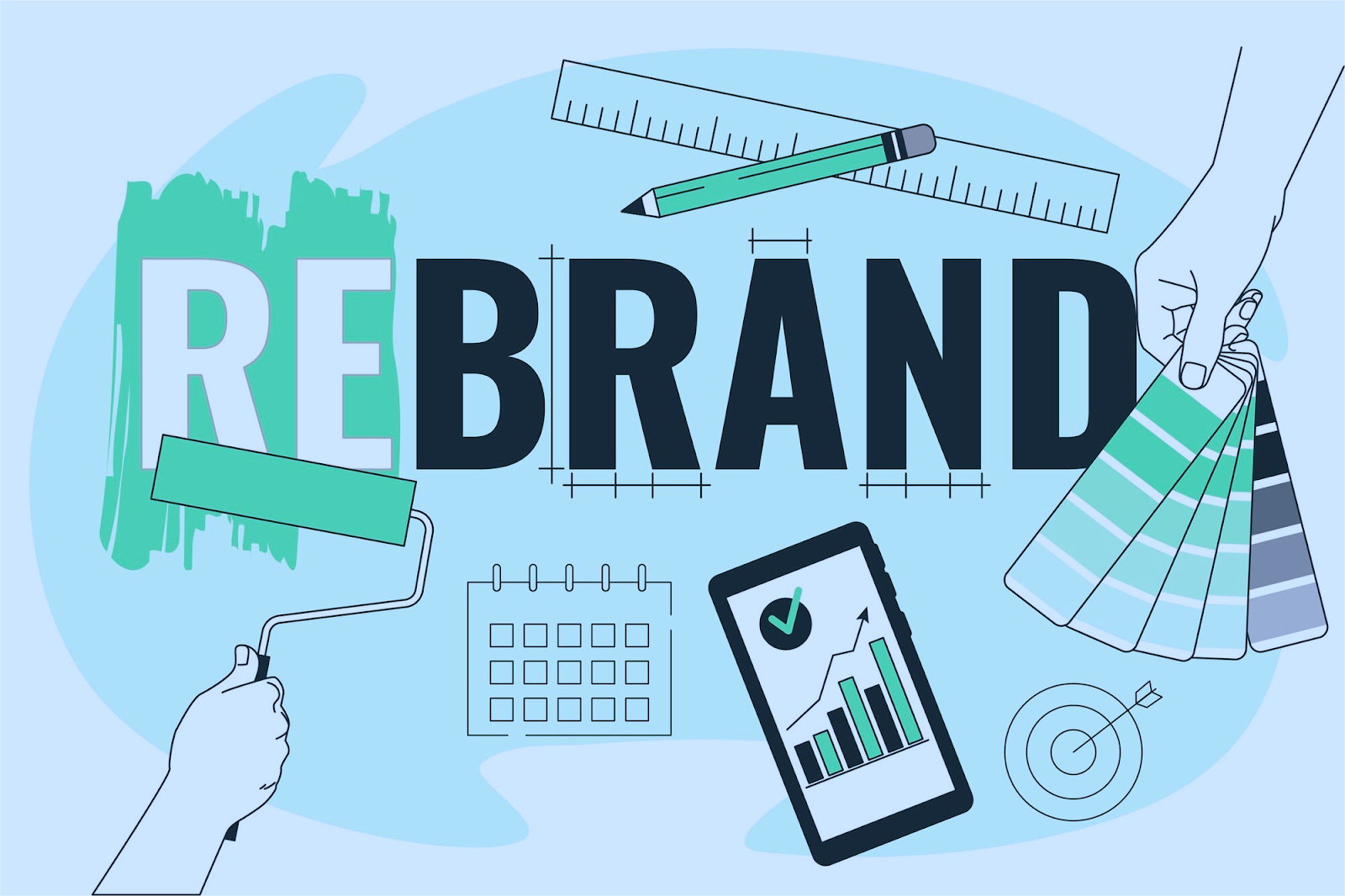 Illustration with the word "rebrand" surrounded by icons representing communication tools, customization options, and design. The image represents how white-labeling gives resellers power over their brand.