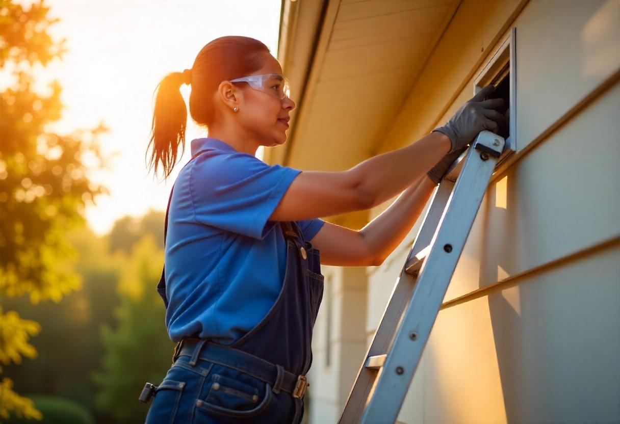Technician standing on a ladder cleaning an exterior dryer vent on a house during daylight.