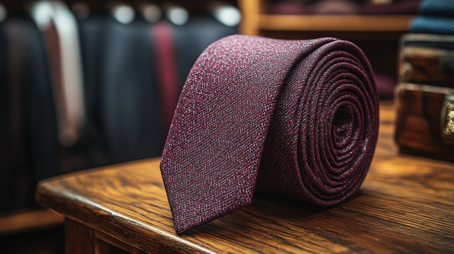 Full view of a burgundy tie, neatly folded or draped, rich burgundy tones, soft fabric texture, with a wardrobe full of suits and ties arranged neatly on a shelf in the background, refined and elegant