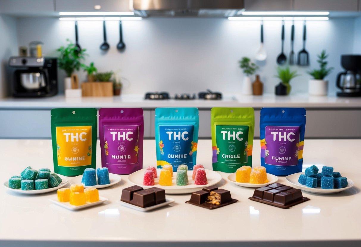 A colorful array of THC-infused edibles, from gummies to chocolates, displayed on a clean, modern kitchen counter