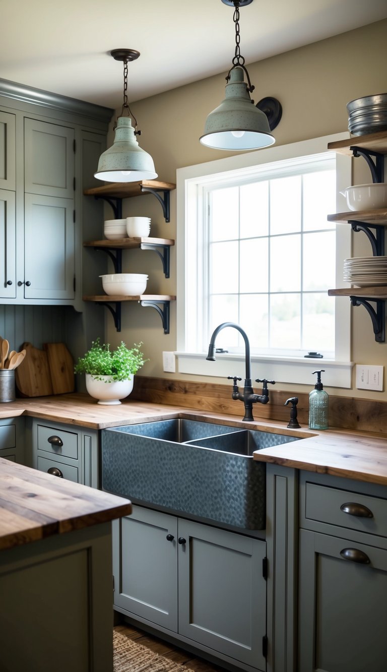 A rustic farmhouse kitchen with galvanized metal accents, including a farmhouse sink, pendant lights, and cabinet hardware