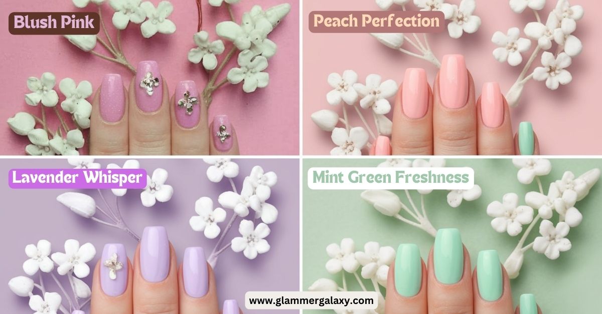 Vibrant nail polish colors showcasing spring hues, including pastels and bright shades, perfect for seasonal nail art.