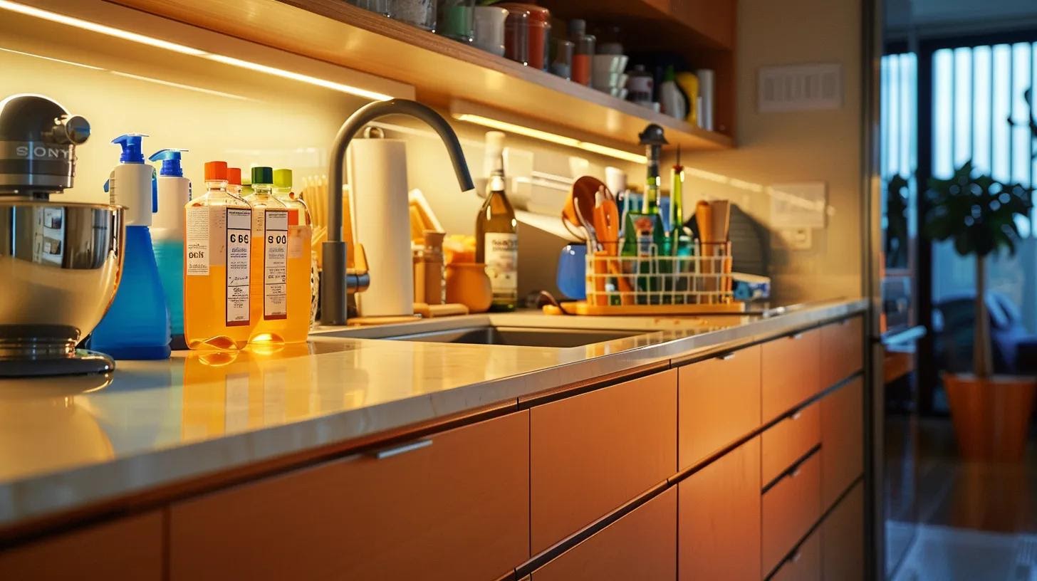 a brightly lit, modern kitchen organized for a systematic cleaning session, featuring color-coded cleaning supplies neatly arranged, a detailed checklist on the countertop, and spotless surfaces illustrating the effectiveness of a structured cleaning strategy.