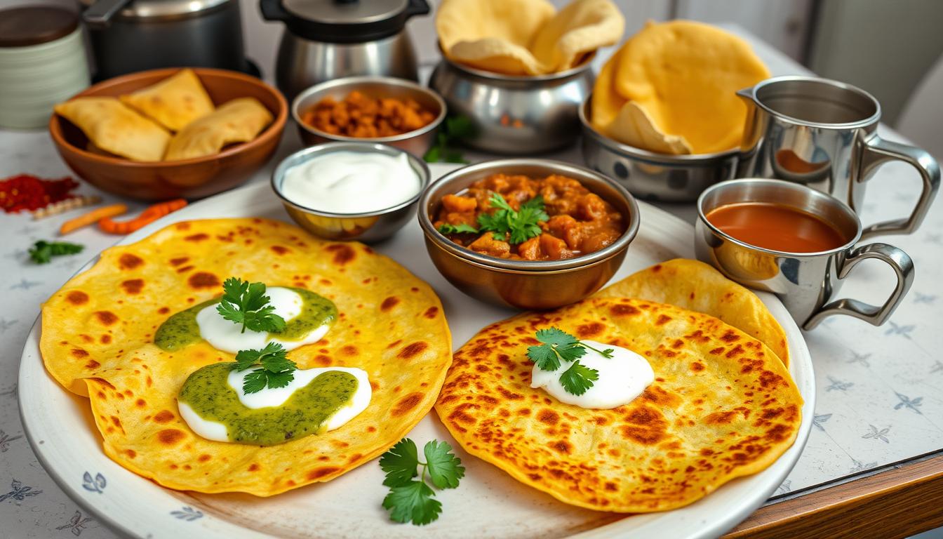 Variety of Indian breakfast dishes with flavorful spices, including poha, upma, and idli served with sambar