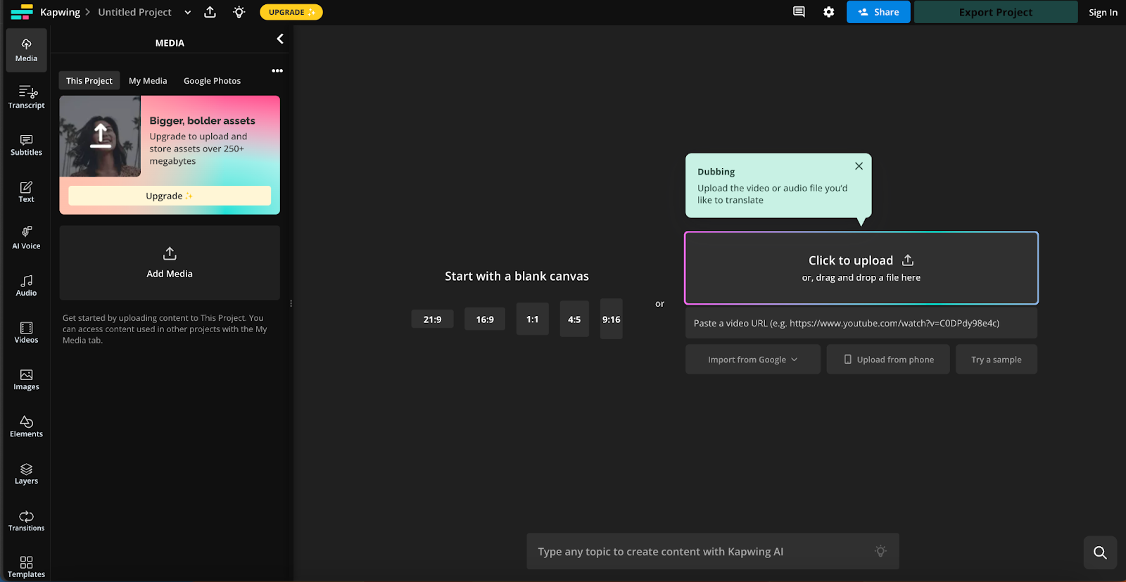 Kapwing's video editing interface. To the left are a list of tools. To the right is a "Click to upload" box. A tooltip says: "Dubbing: Upload the video or audio file you'd like to translate."