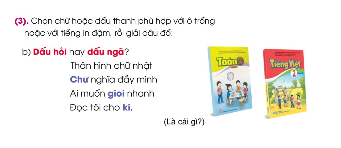 BÀI 10: VUI ĐẾN TRƯỜNGChia sẻCâu 1: Quan sát các bức tranh dưới đây và cho biết: Các bạn nhỏ đang làm gì? Vẻ mặt của các bạn thế nào?Giải nhanh:Các bạn đang cùng đi học, đọc sách, học bài, nghiên cứu quả địa cầu, cùng chơi. - Vẻ mặt các bạn rất vui vẻ.BÀI ĐỌC 1: BÀI HÁT TỚI TRƯỜNGCâu 1: Các bạn trong bài thơ cùng nhau đi đâu?Trả lời:Các bạn trong bài thơ cùng nhau: tới trường.Câu 2: Các bạn hỏi nhau những gì trên đường?Trả lời:Các bạn hỏi nhau trên đường: “thước kẻ đâu?”, “cây bút đâu?”, “lọ đầy mực viết?”, “bài thơ hay?”Câu 3: Em hiểu 2 câu thơ  “Còn bài thơ hay. Ở ngay dưới mũ” như thế nào?a) Bạn nhỏ chép bài thơ vào mũ.b) Bạn nhỏ chép bài thơ để dưới mũ.c) Bạn nhỏ thuộc lòng bài thơ trong đầu.Trả lời:Em hiểu 2 câu thơ “Còn bài thơ hay. Ở ngay dưới mũ” nghĩa là: c) Bạn nhỏ thuộc lòng bài thơ trong đầu.Luyện tập Câu 1: Các từ in đậm trong mỗi câu dưới đây miêu tả đặc điểm của sự vật nào?a) Áo quần sạch sẽ.b) Bầu trời trong xanh.Giải nhanh:a) Áo quần.b) Bầu trời.Câu 2: Các từ miêu tả đặc điểm nói trên trả lời cho câu hỏi nào:Là gì?Làm gì?Thế nào?Giải nhanh:Thế nào?Câu 3: Xếp các từ ngữ dưới đây vào nhóm thích hợp:Giải nhanh:Sự vật: áo quần, gương mặt, bàn chân, bầu trời, bạn bè, bài thơ.Đặc điểm: sạch sẽ, đep, vội, trong xanh, đông đủ, hay.Bài viết 1Câu 1: Nghe-viết: Bài hát tới trường (12 dòng đầu)Giải nhanh:Nghe-viếtCâu 2: Chọn chữ phù hợp với ô trống: c hay k?Giải nhanh:- Công     kim- KiếnCâu 3: Chọn chữ hoặc dấu thanh phù hợp với ô trống hoặc với tiếng in đậm rồi giải câu đố.Giải nhanh:a) nước          nên b) Chữ           giỏi         kĩCâu 4: Tập viết:a) Viết chữ hoa: H.b) Viết ứng dụng: Học tập tốt, lao động tốt.Giải nhanh:a) Viết chữ hoa: H.b) Viết ứng dụng: Học tập tốt, lao động tốt.BÀI ĐỌC 2: ĐẾN TRƯỜNGĐọc hiểu Câu 1: Theo em mẹ dẫn cậu bé đến trường làm gì?Trả lời:Theo em, mẹ dẫn cậu bé đến trường để: thăm trường.Câu 2: Đi thăm các lớp học đọc, học toán cậu bé nói gì?Trả lời:Đi thăm các lớp học đọc, học toán cậu bé nói: “Ngày nào cũng chỉ tập đọc, làm toán thôi ạ?”Câu 3: Cô hiệu trưởng đã làm gì để cậu bé thích đi học?Trả lời:Cô hiệu trưởng đã dẫn cậu bé đi thăm các phòng học khác để cậu bé thích đi học.Luyện tập Câu 1: Cần thêm dấu phẩy vào chỗ nào trong mỗi câu sau?a) Cậu bé được dẫn đi thăm các phòng thực hành.b) Các bạn đang nặn đồ chơi vẽ tranh.c) Cậu bé đã hiểu ra rất thích đi học.Mẫu: Các bạn đang tập đọc, làm toán.Giải nhanh:a) Cậu bé được dẫn đi thăm các phòng học, phòng thực hành.b) Các bạn đang nặn đồ chơi, vẽ tranh.c) Cậu bé đã hiểu ra, rất thích đi học.Mẫu: Các bạn đang tập đọc, làm toán.Câu 2: Đọc lại đoạn cuối câu chuyện Đến trường và cho biết:a) Mẹ khen cô giáo thế nào?b) Cô giáo đáp lại lời khen của mẹ thế nào?Trả lời:- Đọc lại đoạn cuối câu chuyện Đến trường, em biết:a) Mẹ khen cô giáo: “Cô như có phép màu ấy ạ.”b) Cô giáo đáp lại lời khen của mẹ: “Ở trường, các em còn được học những môn khác nữa.”Trao đổi