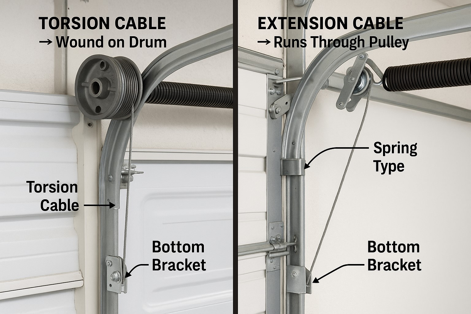 Labeled comparison of torsion and extension garage door cable systems, showing spring types, cable routing, and bottom bracket locations for garage door service reference.