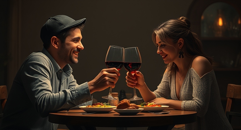A romantic dinner scene: a couple leaning in to chat intimately, candles flickering, beautifully plated food on white dishes, oil painting style