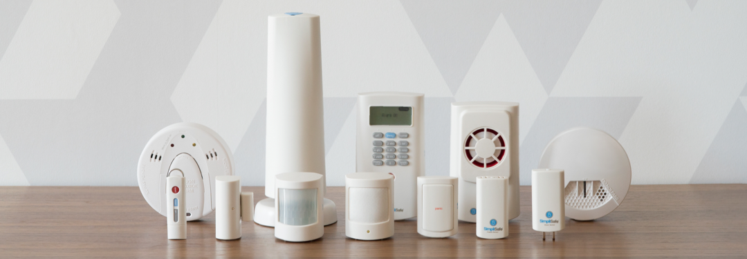 Devices included in the Original SimpliSafe® system, including the Base Station, Keypad, and Motion Sensor.