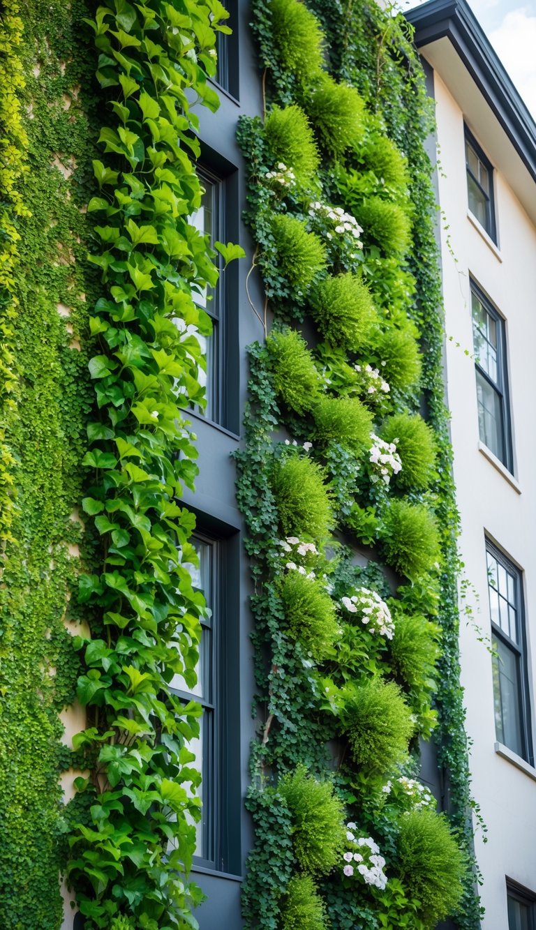 A tall, narrow house with a side wall covered in lush, green vertical gardens. Vines, flowers, and foliage cascade down the wall in a beautiful display of natural landscaping