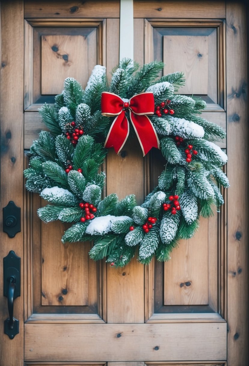 A snow-capped pine wreath hangs on a rustic wooden door, adorned with red berries and a festive bow