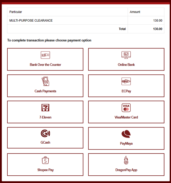 showing all the payment option that you can use to get nbi clearance
