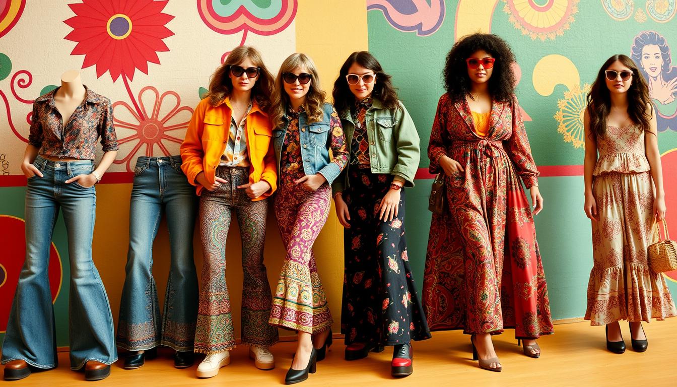 70s inspired outfits featuring bell-bottom jeans, colorful paisley patterns, oversized sunglasses, platform shoes, cropped jackets, and flowy maxi dresses, in a vibrant retro setting with bold colors and nostalgic elements.