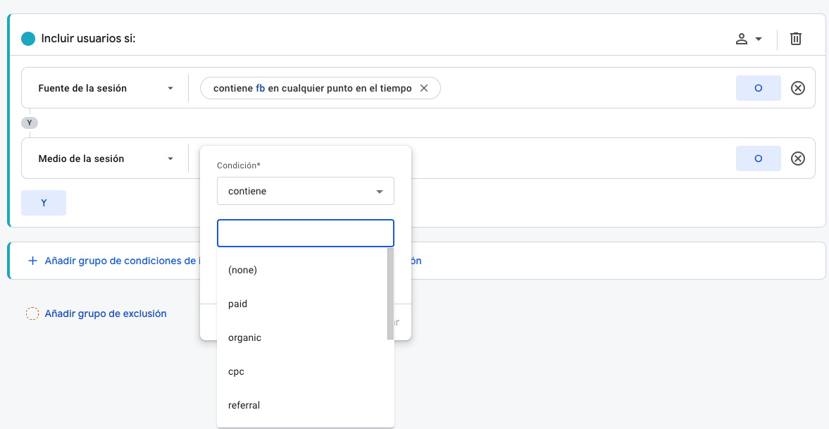 Panel para filtrar en google ads en remarketing por pago o orgánico parte 2