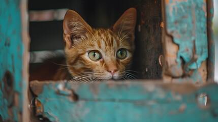 A cat looking out of a blue box

Description automatically generated