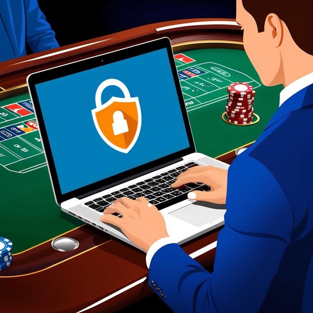 A person using a laptop at a casino table with a VPN icon displayed on the screen for online security