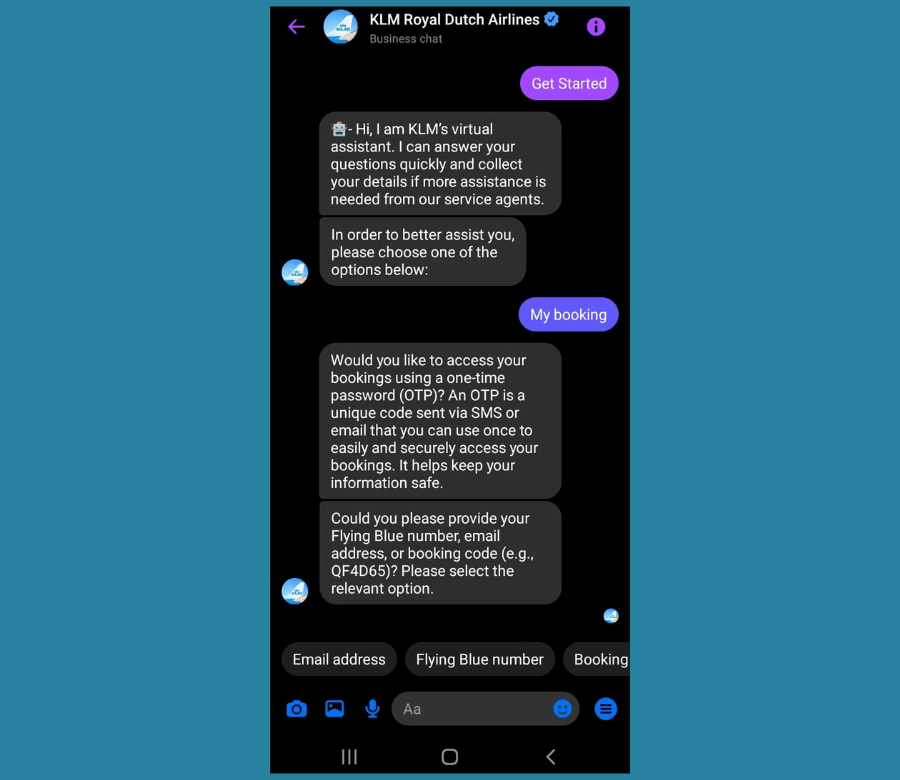 KLM Royal Dutch Airlines Messenger chatbot