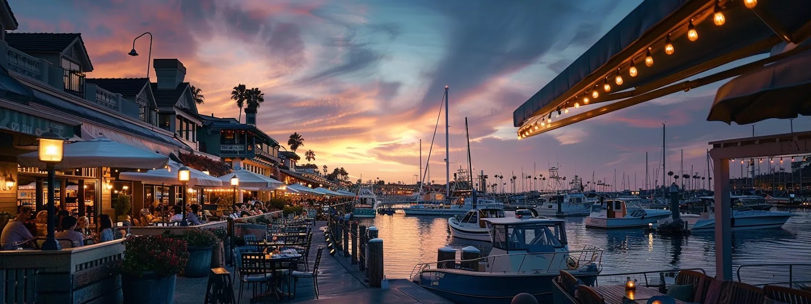 relaxing waterfront dining scene with a picturesque view of newport beach harbor filled with duffy and pontoon boats, complemented by delicious coastal cuisine and local wines.