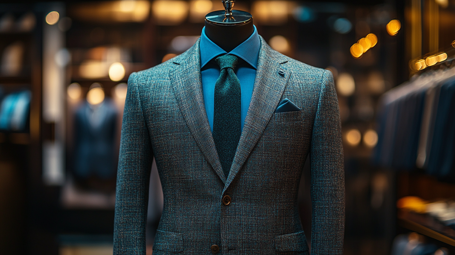 A mannequin in a gray suit with a blue shirt and a dark green tie, styled for a refined yet modern semi-formal event. Accessories include a matching pocket square, brown leather dress shoes, and a silver tie clip. The background is a softly lit, elegant venue.