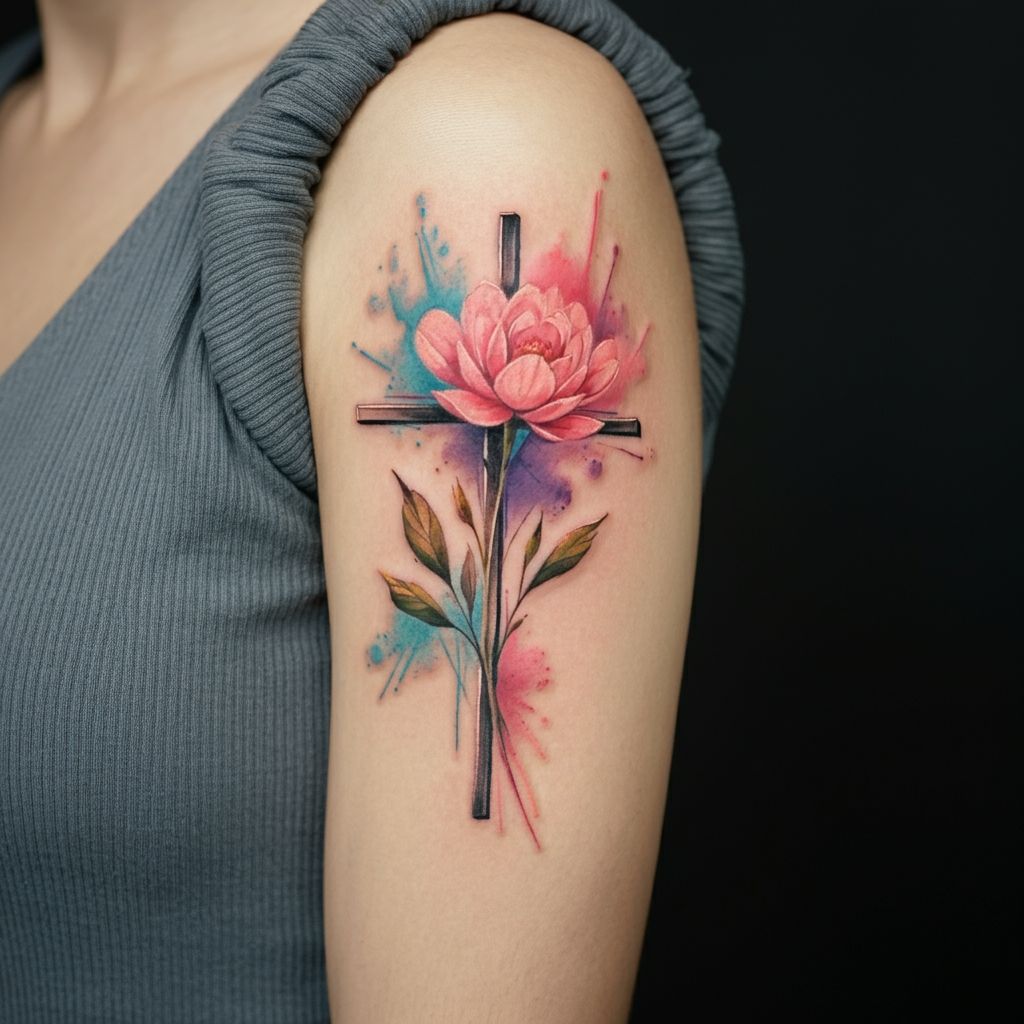 Cross with Flowers Tattoo on shoulder 