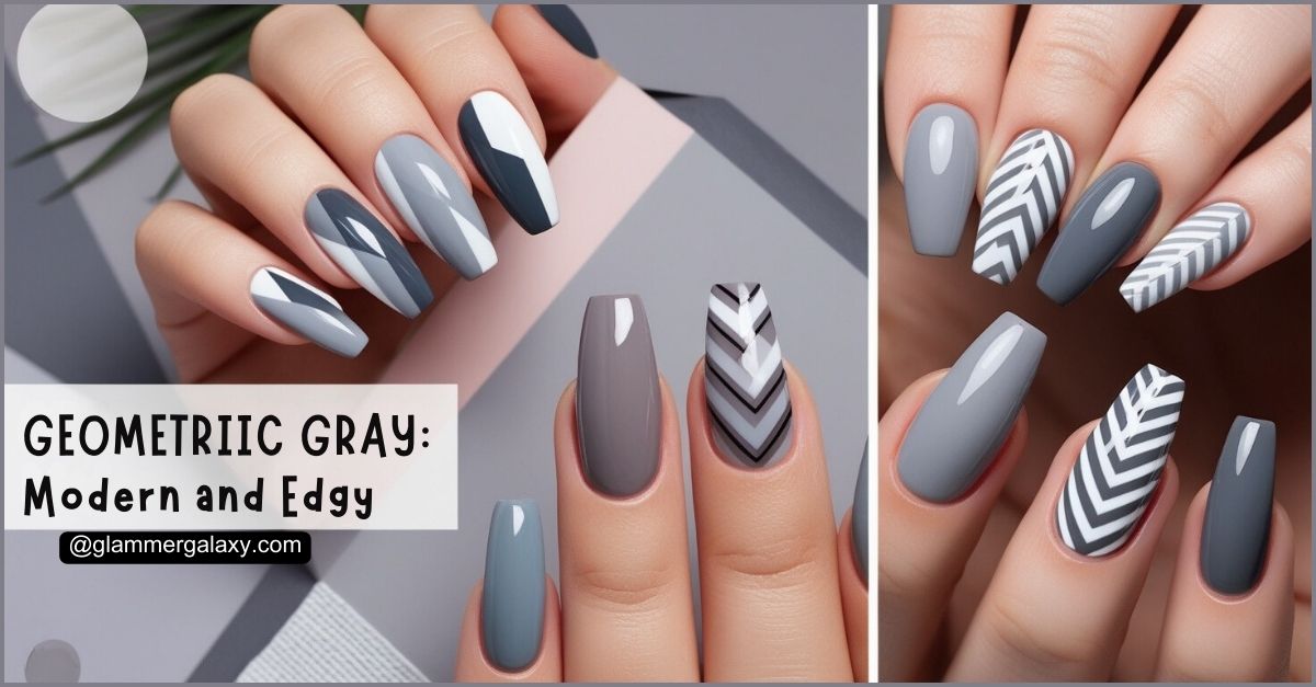 Assorted gray geometric patterned nail art on long almond-shaped nails.