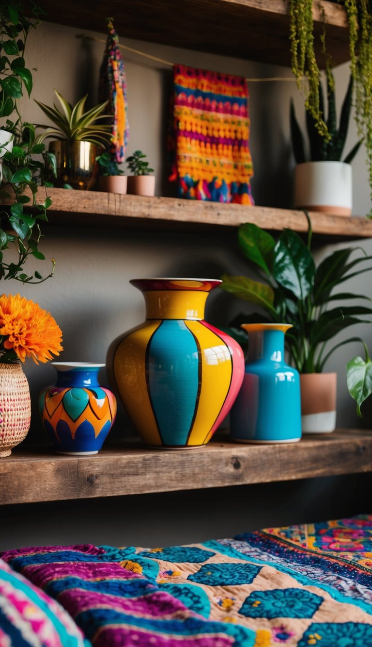 A colorful ceramic vase set sits on a rustic wooden shelf in an eclectic boho bedroom, surrounded by vibrant textiles and plants