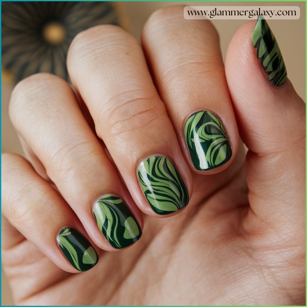 Close up of green fall nails Swirling Into Fun with Swirl Design