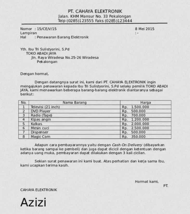 Surat penawaran harga barang elektronik