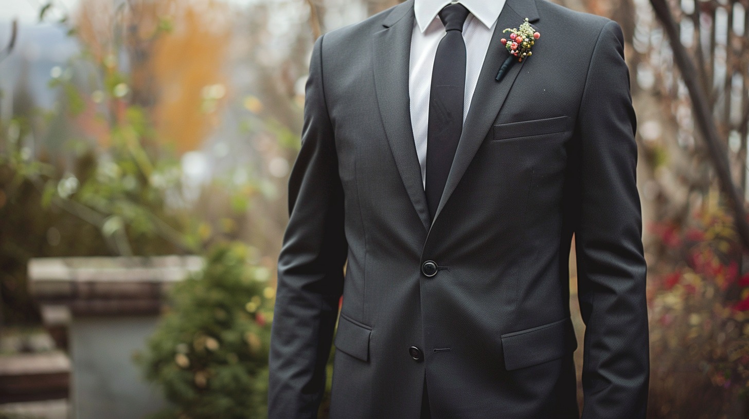 Respectful funeral attire color guide for men: man wearing a black or dark grey suit with a white dress shirt, subtle tie, and polished shoes; solemn expression in a minimal, respectful setting; muted background with soft lighting; no bright colors or patterns, understated and dignified style