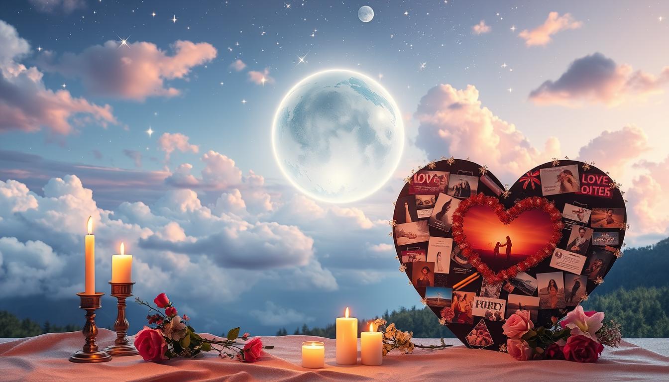 A serene, dreamy landscape with a glowing crystal orb surrounded by soft, floating clouds and shimmering stars, symbolizing the power of manifestation; in the foreground, a heart-shaped vision board filled with images of love and connection, surrounded by flickering candles and fragrant flowers, creating a warm and inviting atmosphere.