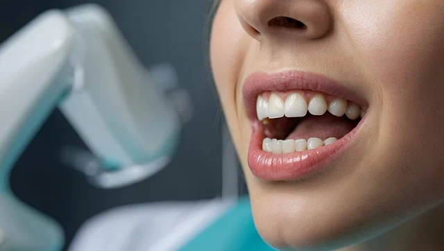 A dentist examining the teeth of a child in a dental clinic with specialized tools and care.