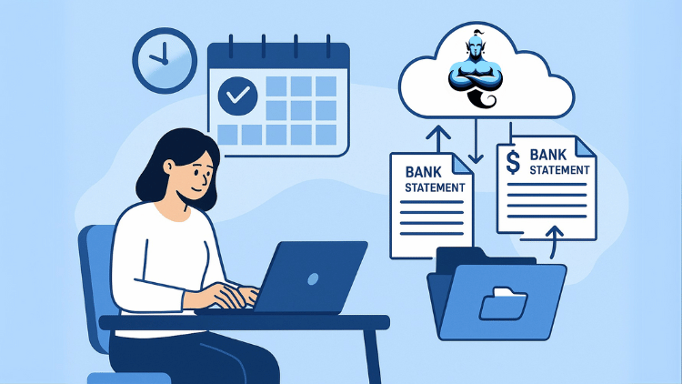 Bookkeeper using automated document retrieval to organize files in cloud storage.