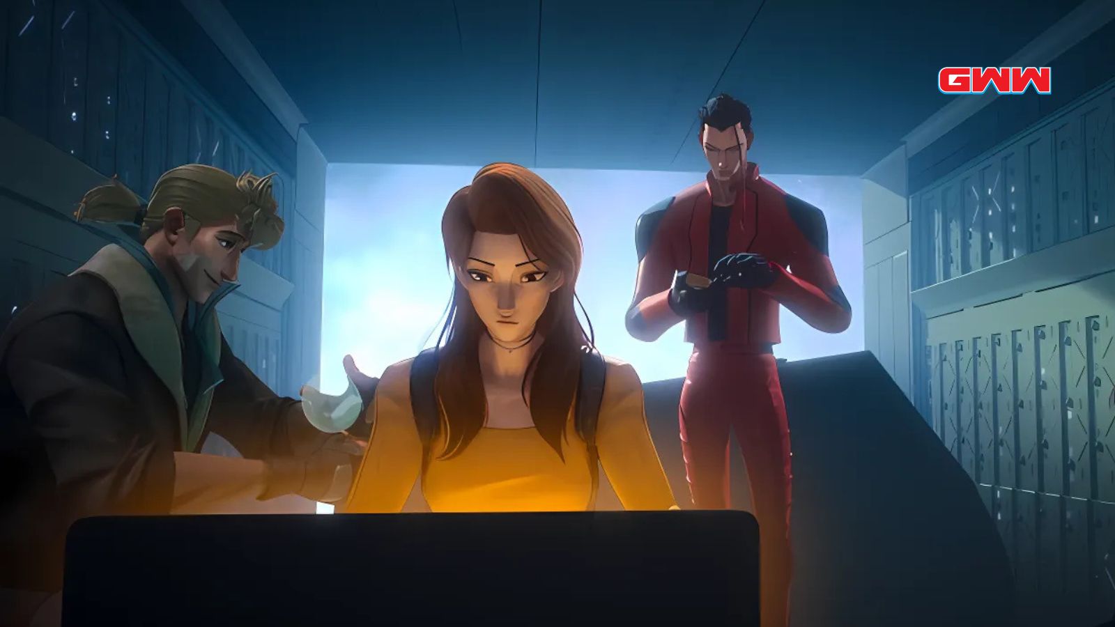 Three characters collaborate intensely, illuminated by screen's glow in dim room.