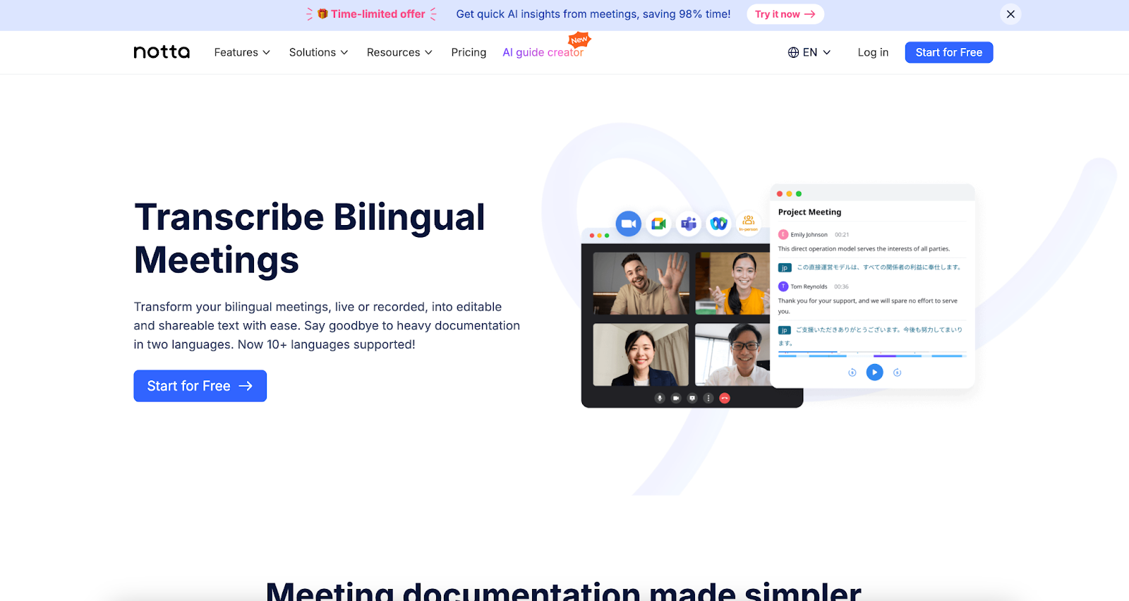 https://www.notta.ai/en/ language translation bilingual in meetings