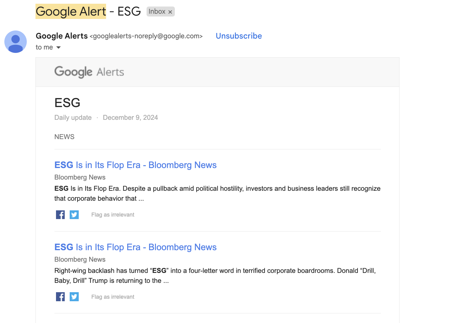 Google Alerts email alert with news reports related to keyword "ESG"