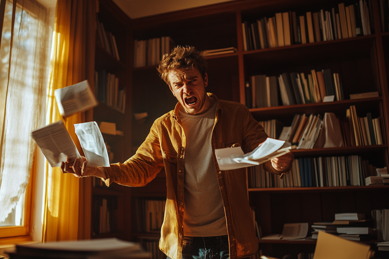 Angry man yelling in a study with papers flying | Source: Midjourney