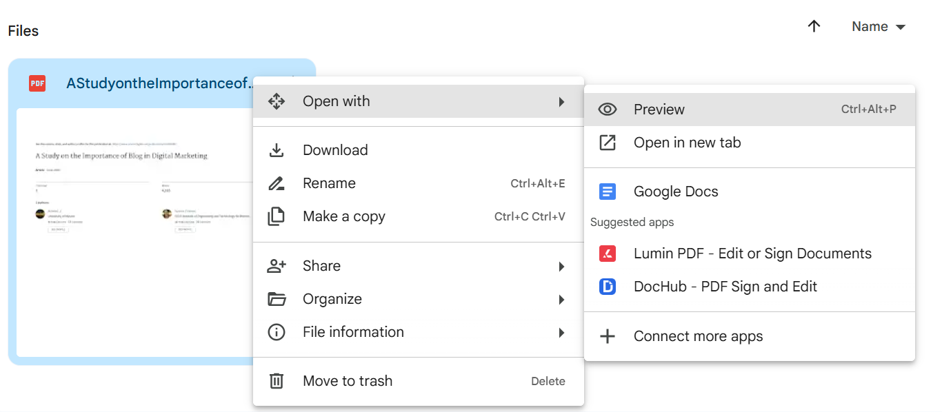 Right-click on the uploaded PDF file and select “Open with” > “Google Docs.”