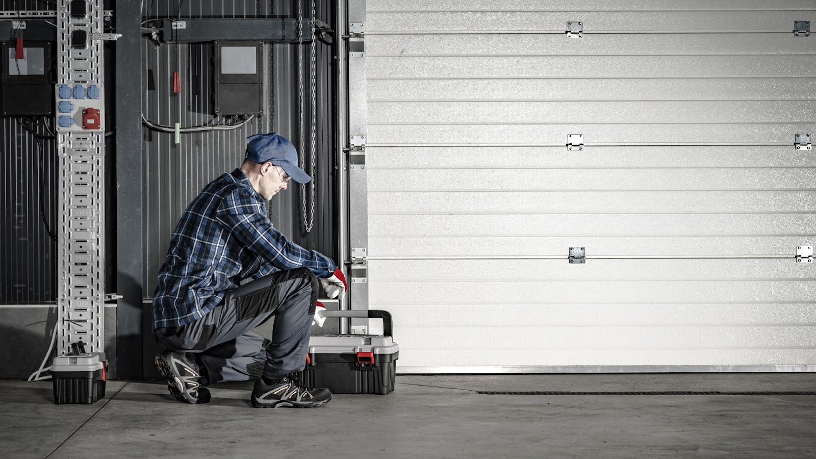 A technician preparing to conduct safety maintenance on a commercial garage door system