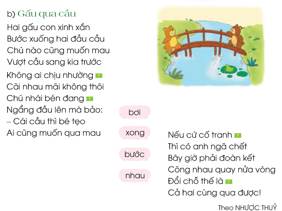 BÀI 4: EM YÊU BẠN BÈChia sẻCâu 1: Các bạn trong bức tranh dưới đây đang làm gì?Giải nhanh:Chơi trò kéo co.Câu 2: Trò chơi kéo co đòi hỏi người chơi những gì? Chọn các ý đúng: a) Mọi người trong đội đều cố gắng.b) Chỉ cần một người trong đội cố gắng.c) Mọi người trong đội biết cách phối hợp với nhau.Giải nhanh:a) và c) Câu 3: Ngoài trò chơi kéo co, em còn biết những hoạt động nào cần có tập thể?Giải nhanh:Hát tốp ca, làm vệ sinh lớp học, lao động tập thể…BÀI ĐỌC 1: LÀM VIỆC THẬT LÀ VUIGhép từ ở cột A phù hợp với nghĩa ở cột B:Giải nhanh:Đọc hiểu Câu 1: Em hiểu  từng đàn chim áo trắng