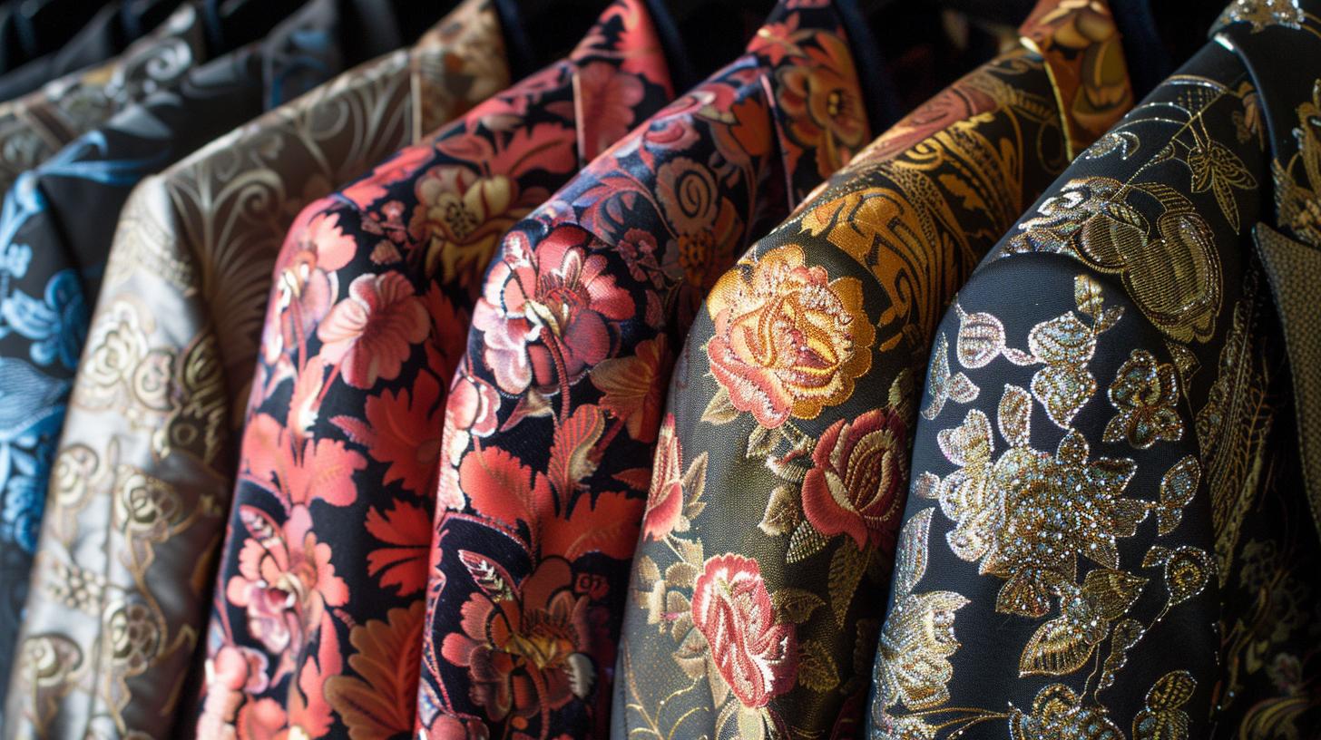 Men’s formal jackets with bold patterns and textures, including floral prints, brocade, and jacquard designs. Unique, eye-catching style for standing out at formal occasions and prom nights.