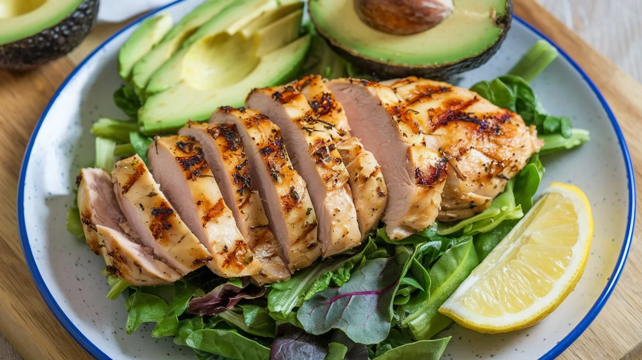 A low-carb meal with grilled chicken, avocado slices, and leafy greens on a white plate.