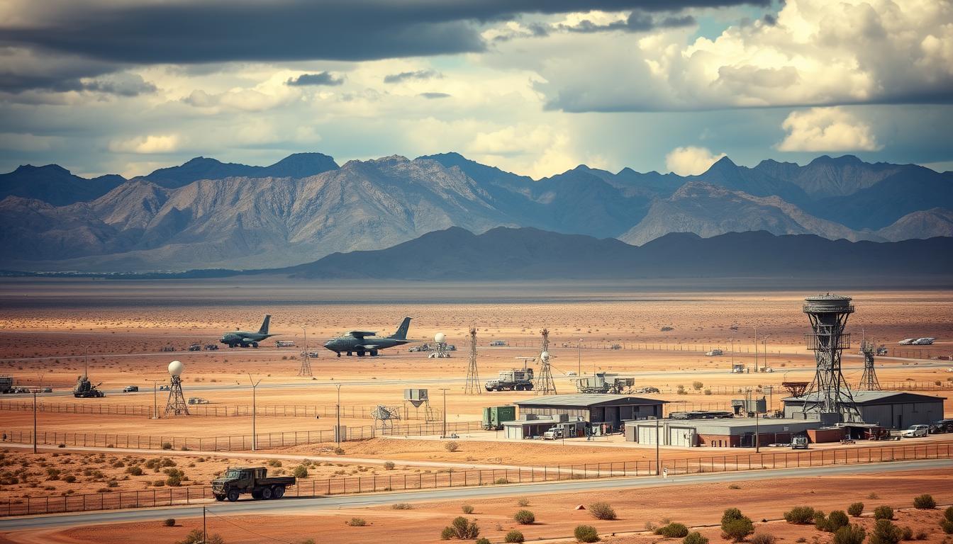 Military bases in New Mexico, featuring surface-to-air missile installations, arid desert landscape, high-security fences, radar systems, camouflaged vehicles, modern military architecture, dramatic skies, and rugged mountains in the background.