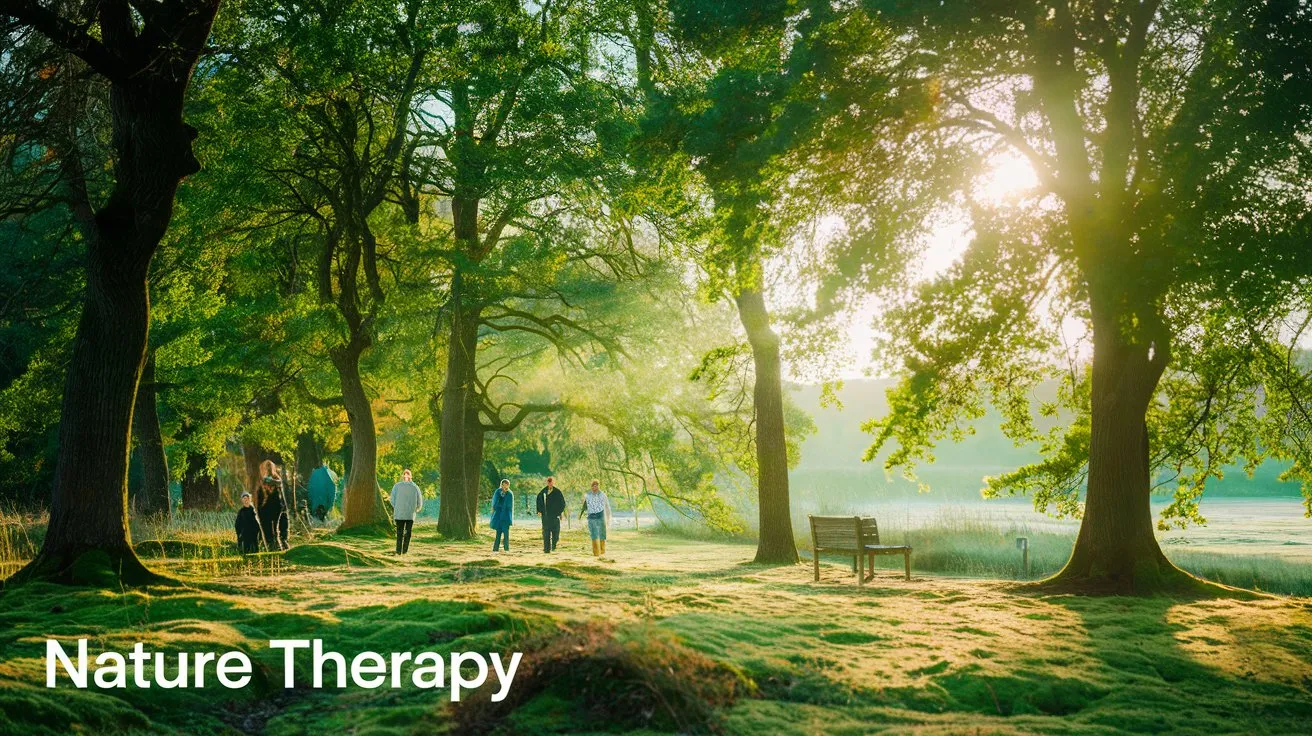 A serene forest with sunlight streaming through the trees, perfect for nature therapy.