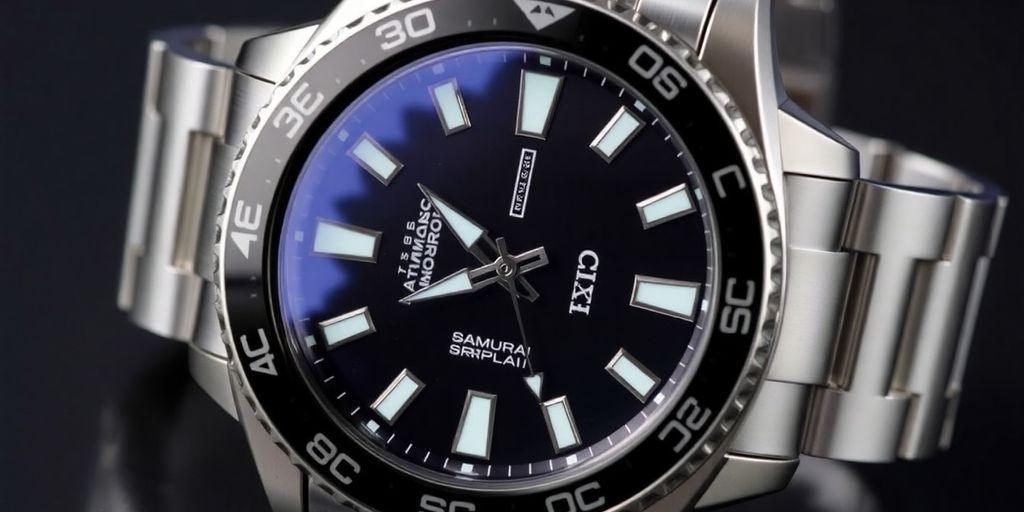 Seiko Samurai SRPL11 watch with black dial and steel bracelet.